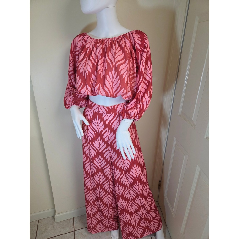 Petal + Pup Pink Red Leaf Print 2 Piece‎ Set Crop Top Wide Leg Pants XL